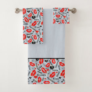 Hearts, red, black, Lip prints, kiss Bath Towel Set