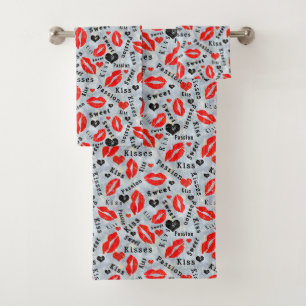 Hearts, red, black, Lip prints, kiss Bath Towel Set