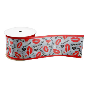 Hearts, red, black, Lip prints, kiss Satin Ribbon
