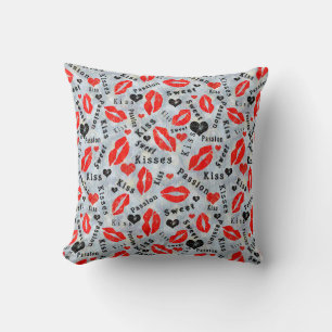 Hearts, red, black, Lip prints, kiss Throw Pillow