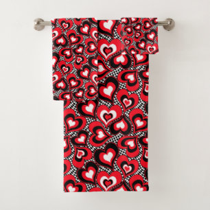 Hearts, red, black, white bath towel set