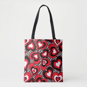 Hearts, red, black, white tote bag