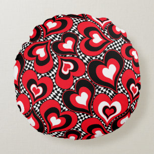 Hearts, red, black, white, Valentine's day . Round Pillow