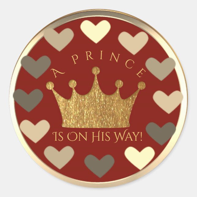 Hearts Red Gold Crown Prince Baby Shower Favour Classic Round Sticker (Front)