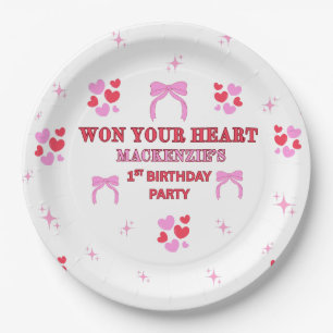  HEARTS RED PINK  1ST BIRTHDAY GIRL 9" ROUND WHITE PAPER PLATE