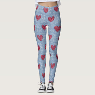Hearts Red & Pink & Blue Faux Fuzzy Design Leggings