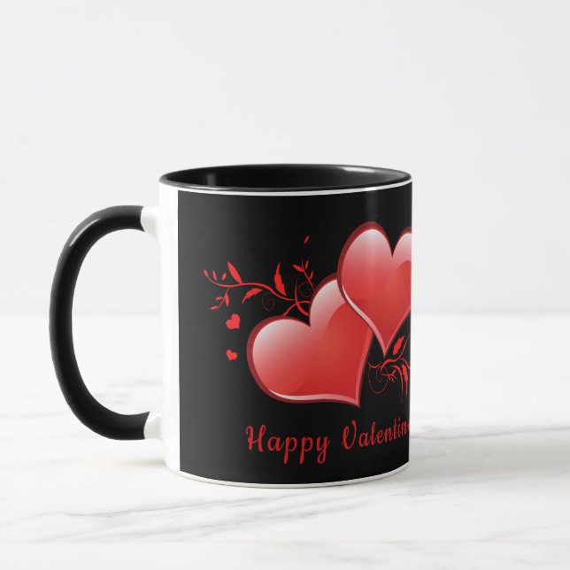 Hearts red valentine romantic black background art mug (Left)