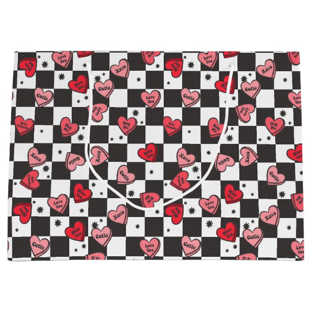 Hearts Retro Valentine's Large Gift Bag (Front)
