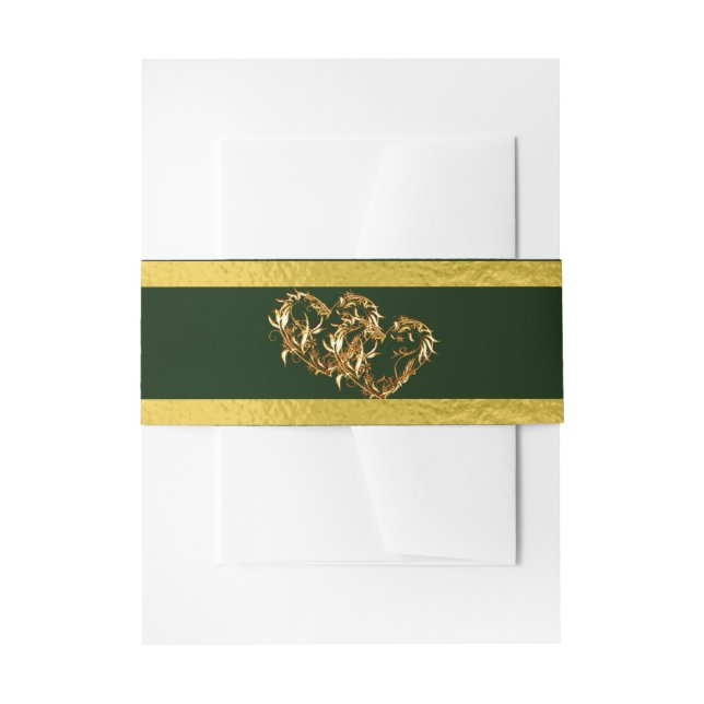 Hearts & Ribbon - Emerald/Gold Invitation Belly Band (Front Example)