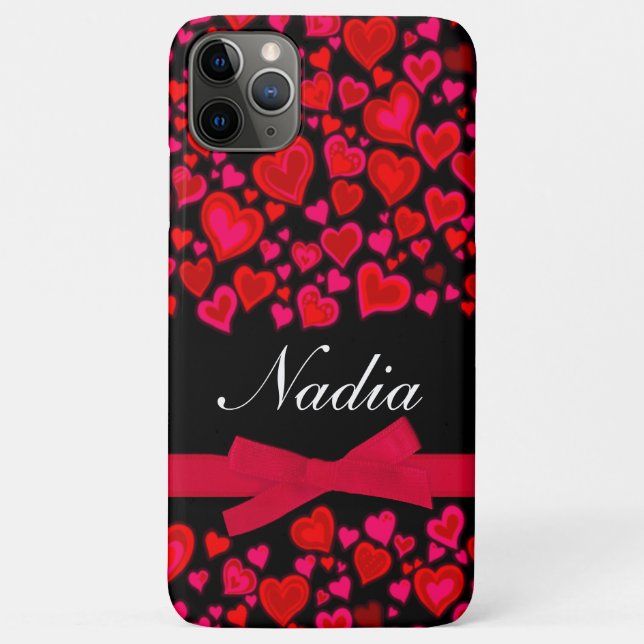 Hearts ribbon red hot pink black custom name case (Back)