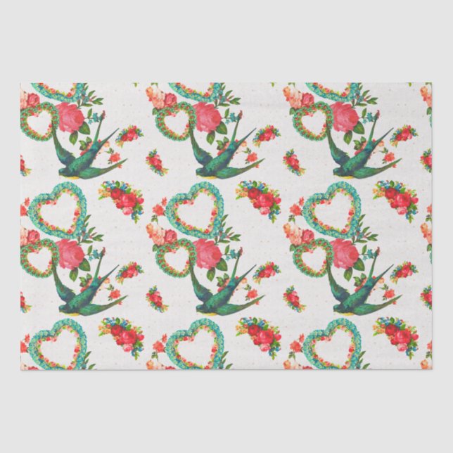 Hearts, Roses, and Hummingbirds Vintage Tissue Paper (Front)