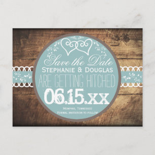 Hearts Rustic Wood Blue Save the Date Postcards