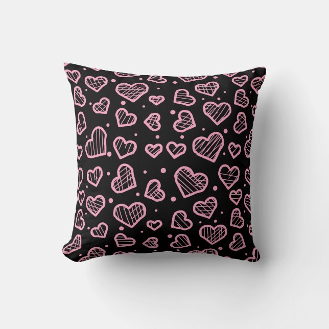 Hearts Seamless Pattern on Black Background Throw Pillow (Front)