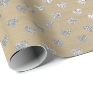 Hearts Silver Grey Metallic Gold Faux Sepia Wrapping Paper