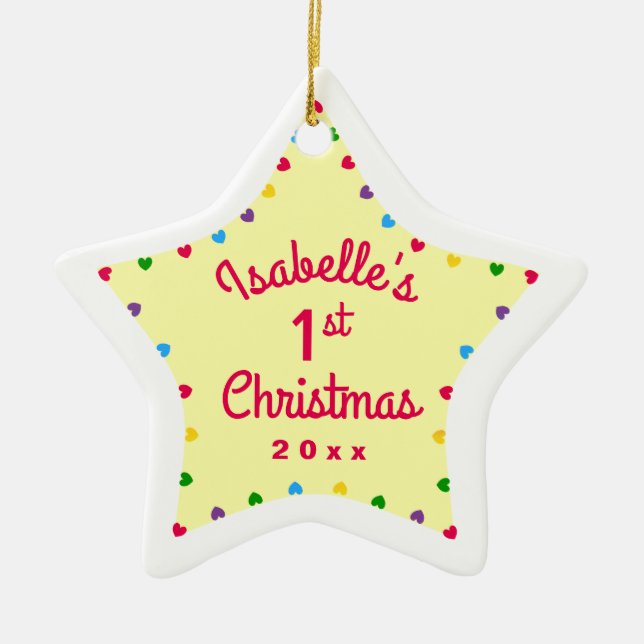 Hearts Star 1st First Baby's Christmas Gift Ceramic Ornament (Front)