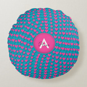 Hearts Stars Monogram Round Pillow, Pink-Blue Pillow