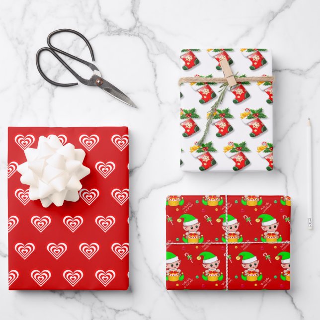 Hearts, Stockings and Christmas Elf on Red Wrapping Paper Sheet (Front)