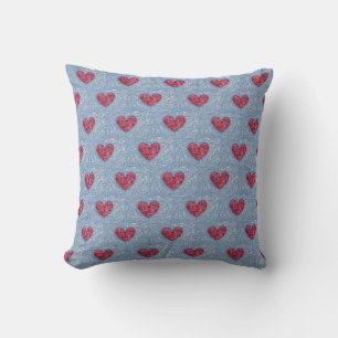 Hearts Sweetheart Red Pink Blue Faux Fuzzy Design Throw Pillow