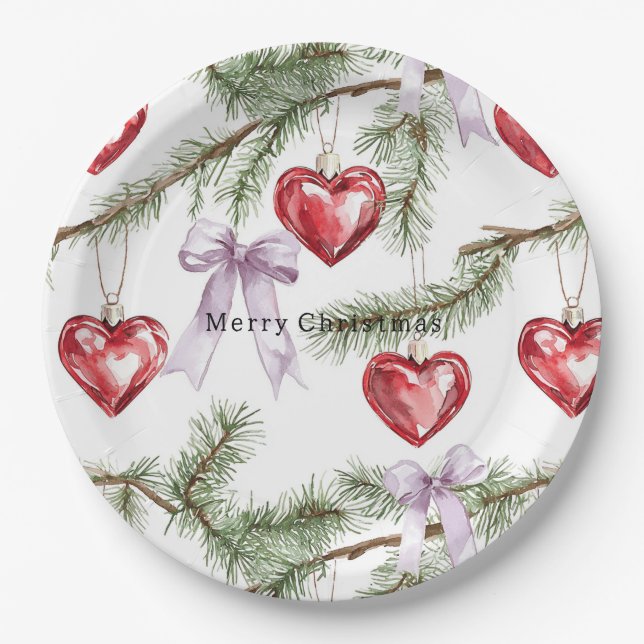 Hearts Trees Red Purple Bows Christmas Paper Plate (Front)