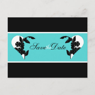 Hearts Turquoise and Black Save the Date Postcard