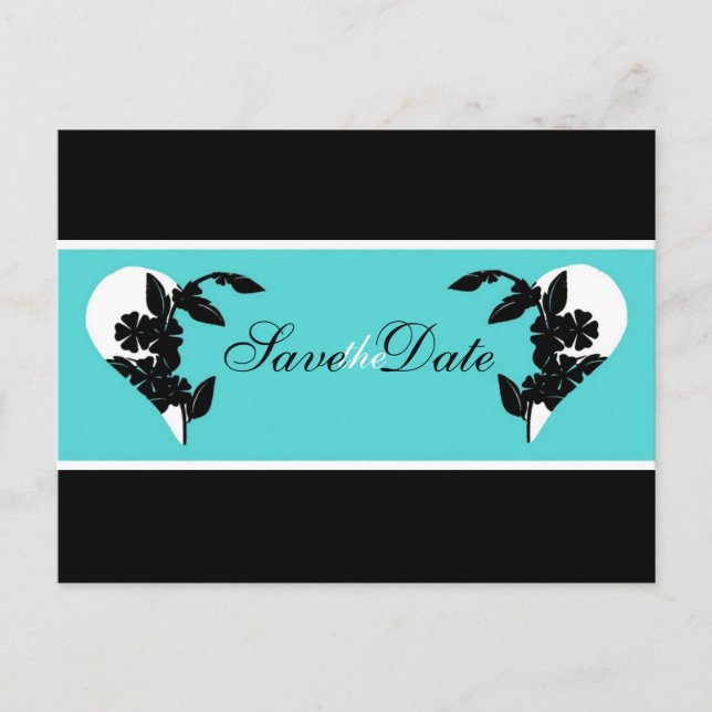 Hearts Turquoise and Black Save the Date Postcard (Front)