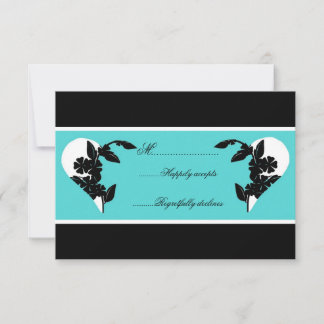 Hearts Turquoise and Black Wedding RSVP Card