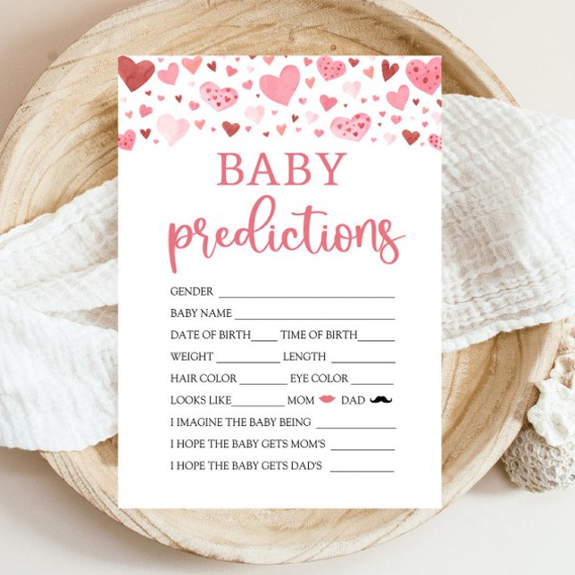 Hearts Valentine Baby Shower Baby Prediction Game Invitation (Watercolor Cute Pink Red Hearts Valentine A Little Sweetheart Girl Baby Prediction Baby Shower Game)