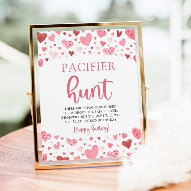 Hearts Valentine Baby Shower Pacifier Hunt Sign (Watercolor Cute Pink Hearts Valentine A Little Sweetheart Girl Baby Shower Pacifier Hunt Game Sign)