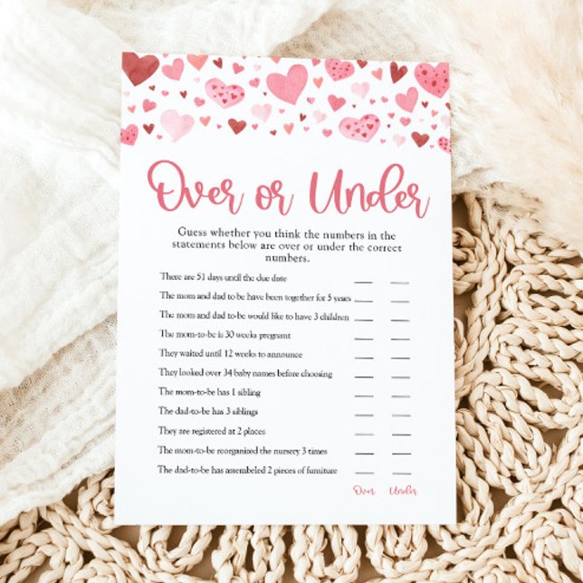 Hearts Valentine Over or Under Baby Shower Game Invitation (Watercolor Cute Pink Red Hearts Valentine A Little Sweetheart Girl Over or Under Baby Shower Game)