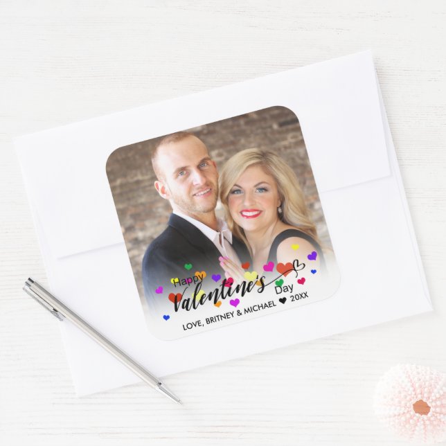 Hearts Valentine's Day Colourful Typography Photo Square Sticker (Envelope)