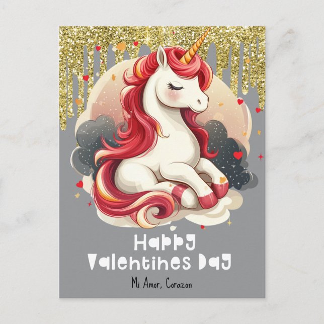 Hearts Valentines Day Unicorn Glitter Postcard (Front)