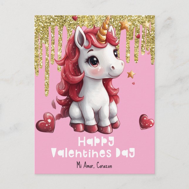 Hearts Valentines Day Unicorn Glitter Postcard (Front)