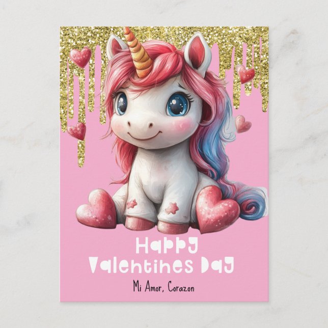 Hearts Valentines Day Unicorn Pink Postcard (Front)