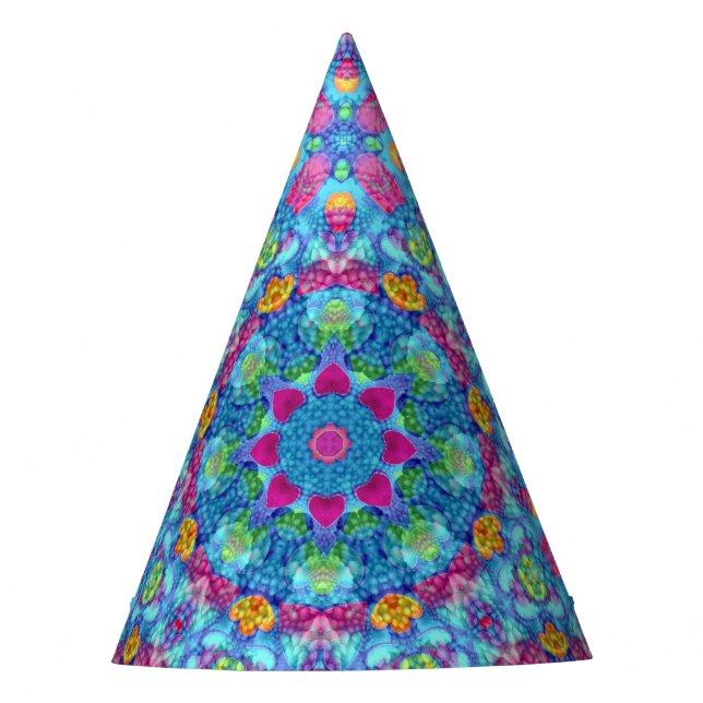 Hearts Vintage Violet & Blue Fractal Kaleidoscope Party Hat (Front)