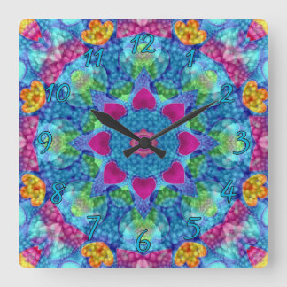 Hearts Violet & Blue  Vintage Fractal Kaleidoscope Square Wall Clock