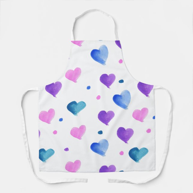 Hearts Watercolor Dots Purple Pink Blue Apron (Front)