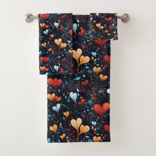 Hearts Watercolor Hand Drawn Blue Red Gold Bath Towel Set