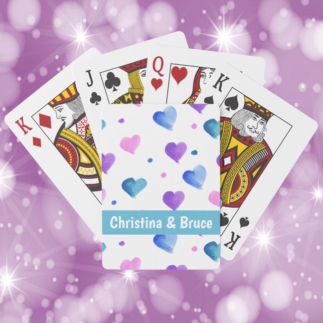 Hearts Watercolor Personalize Pink Blue Blue Playing Cards (A deck of playing cards that you can personalize with pink, blue, purple hearts)