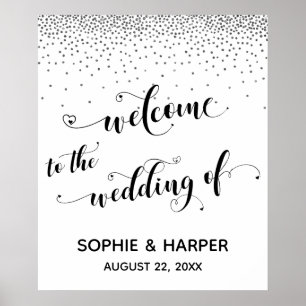 Hearts Welcome to Wedding Silver Confetti Sign