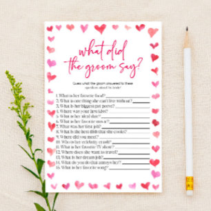 Hearts What Did The Groom Say? Bridal Shower Game Stationery