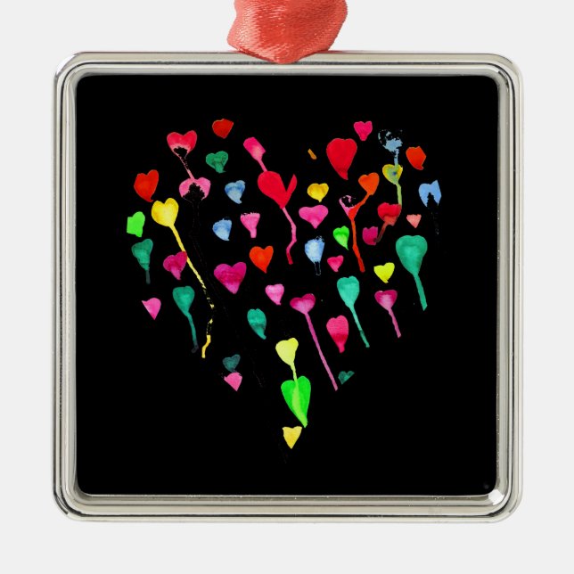 Hearts whimsical colourful rainbow heart art metal ornament (Front)