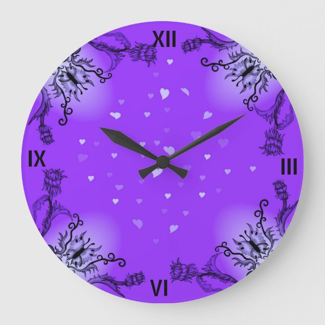 Hearts with Flowers and Butterfly in Tattoo Style Large Clock (Front)