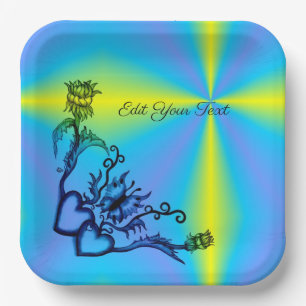 Hearts with Flowers and Butterfly in Tattoo Style Paper Plate