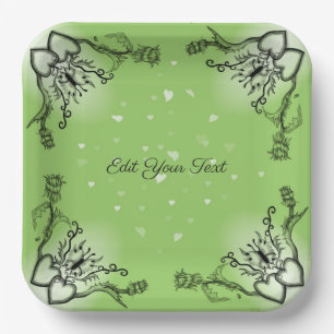Hearts with Flowers and Butterfly in Tattoo Style Paper Plate