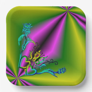 Hearts with Flowers and Butterfly in Tattoo Style Paper Plate
