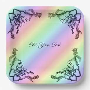 Hearts with Flowers and Butterfly in Tattoo Style Paper Plate