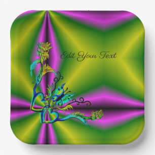 Hearts with Flowers and Butterfly in Tattoo Style Paper Plate
