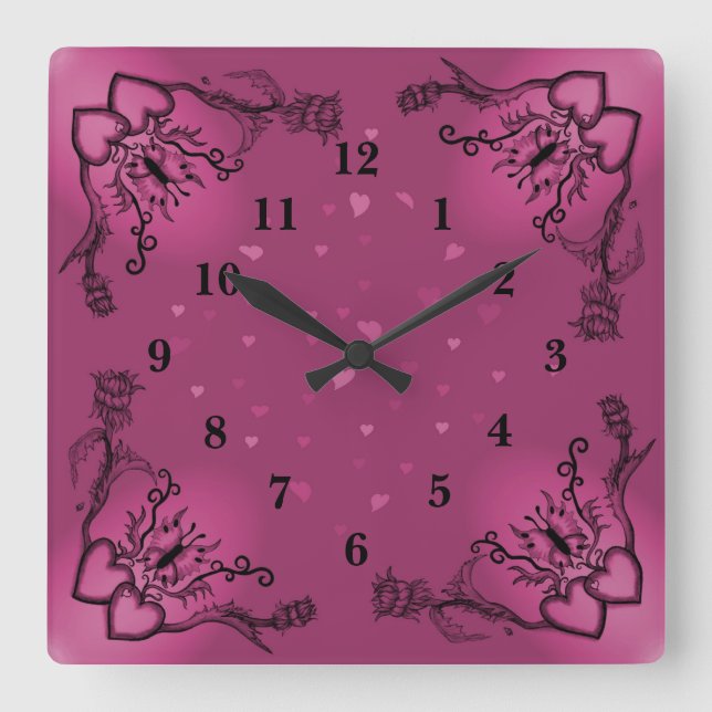 Hearts with Flowers and Butterfly in Tattoo Style Square Wall Clock (Front)
