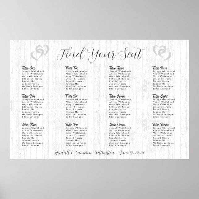 Hearts Wood Rustic Wedding Seating Chart Poster (Front)