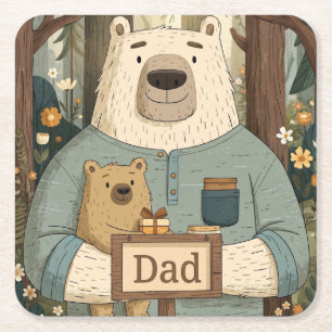 Heartwarming Father's Day Illustration of Bears Square Paper Coaster